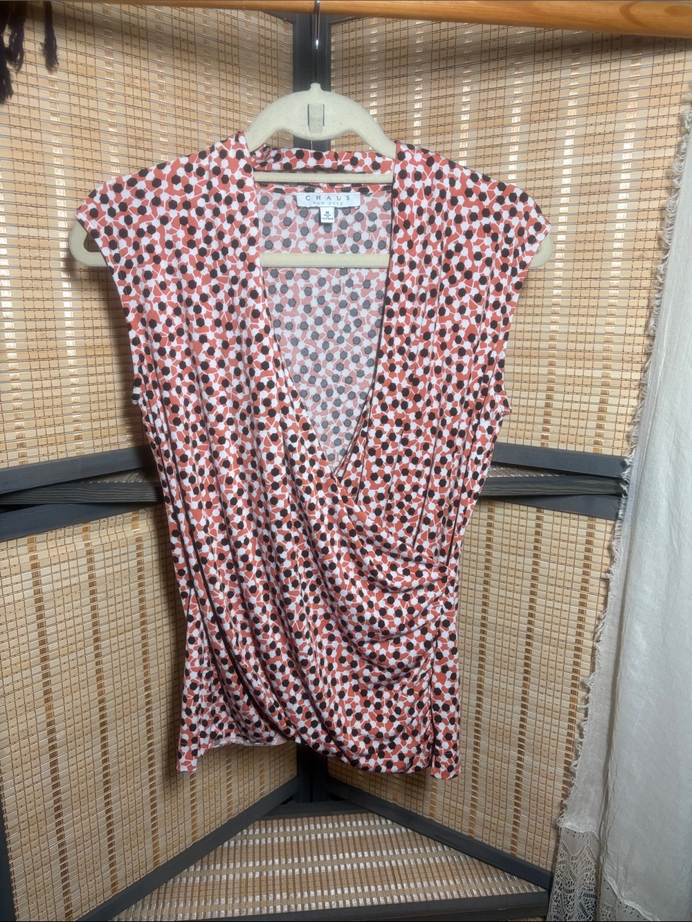 Chaus Orange Wrap-Style Cap-Sleeve Top with White and Black Hexagon Print